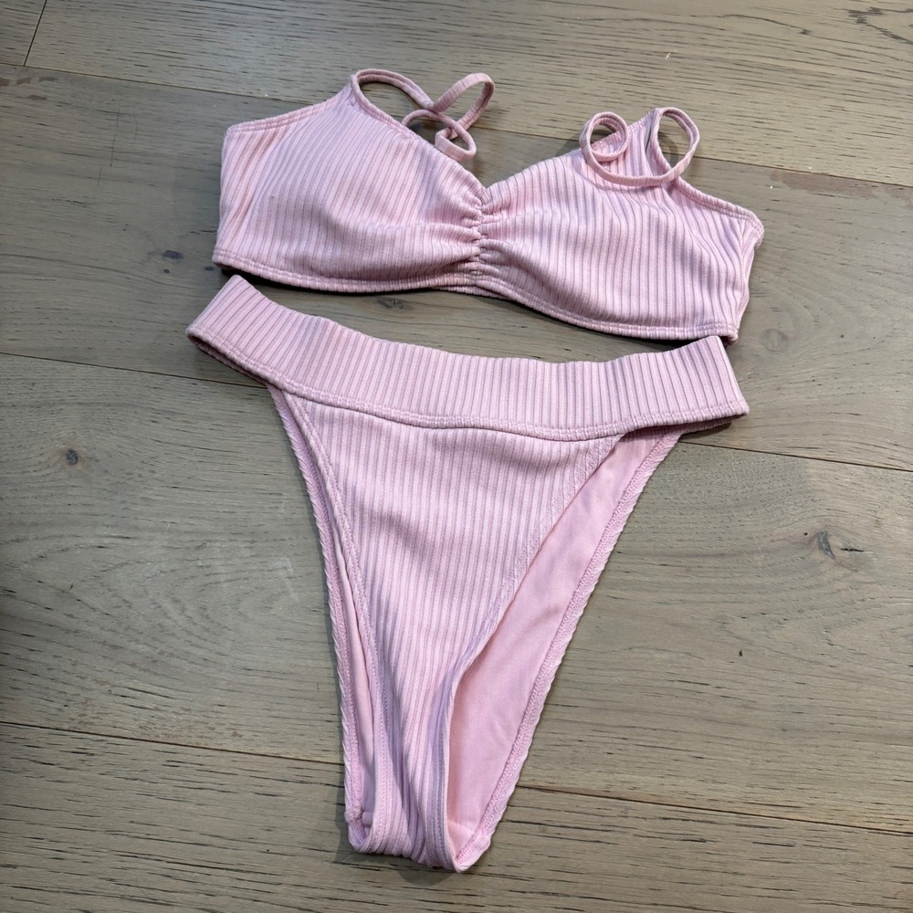Forever 21 Pink Ribbed Bikini Set High Leg Cheeky Bralette Two Piece Swimsuit